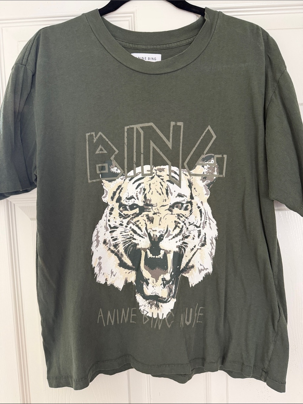 Anine Bing  Olive Green Tiger Graphic Tee with Cream Print